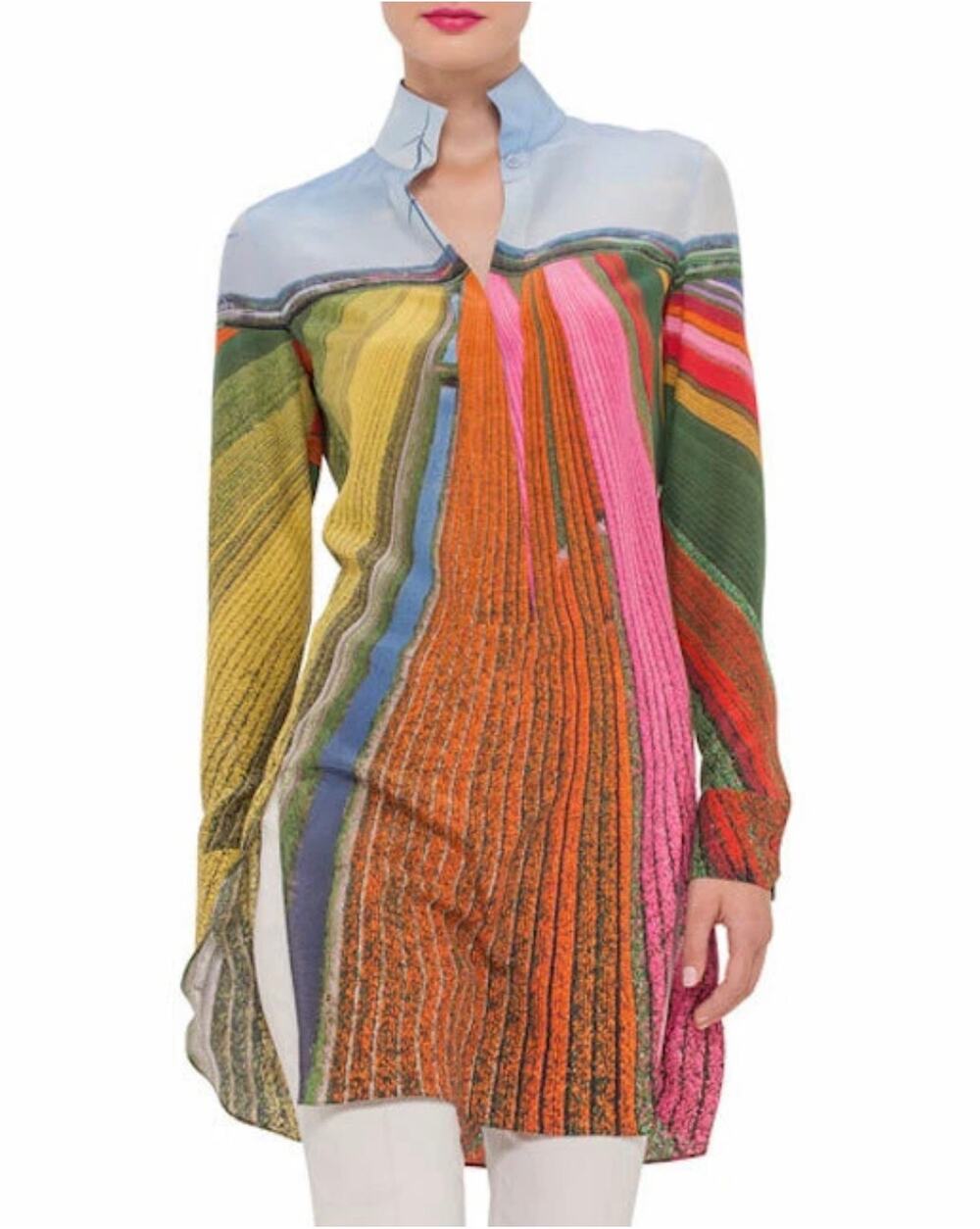 AKRIS 100% Silk Tulip Fields Button Up Tunic Blouse Size 12
